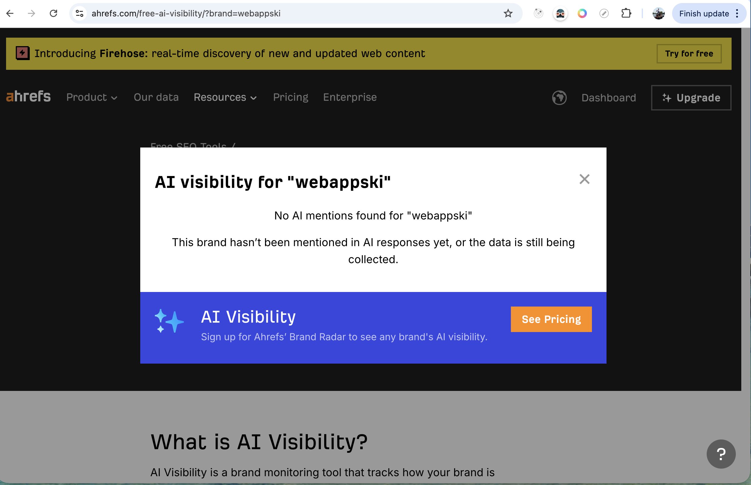 Ahrefs Free AI Visibility result showing 'No AI mentions found for webappski'